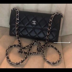 Authentic chanel black quilted lambskin long wallets,chain not branded.